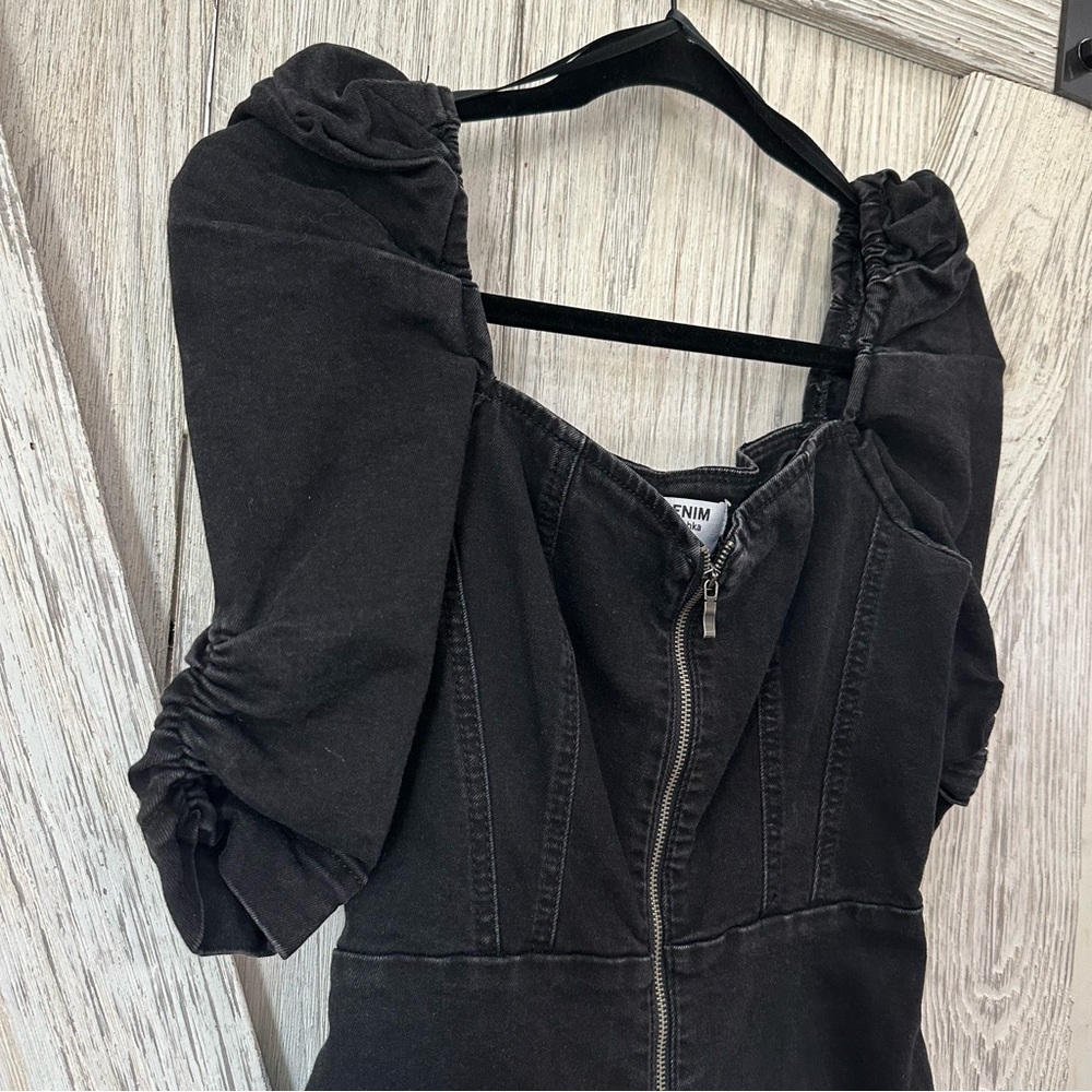Denim Bershka Puff Sleeve Front Zip Stretch Dress - Picture 10 of 11